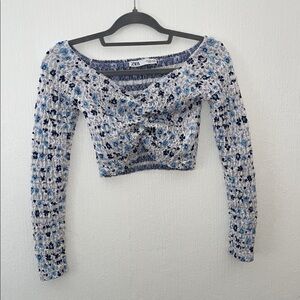 Zara White and Blue Smocked Crop Blouse